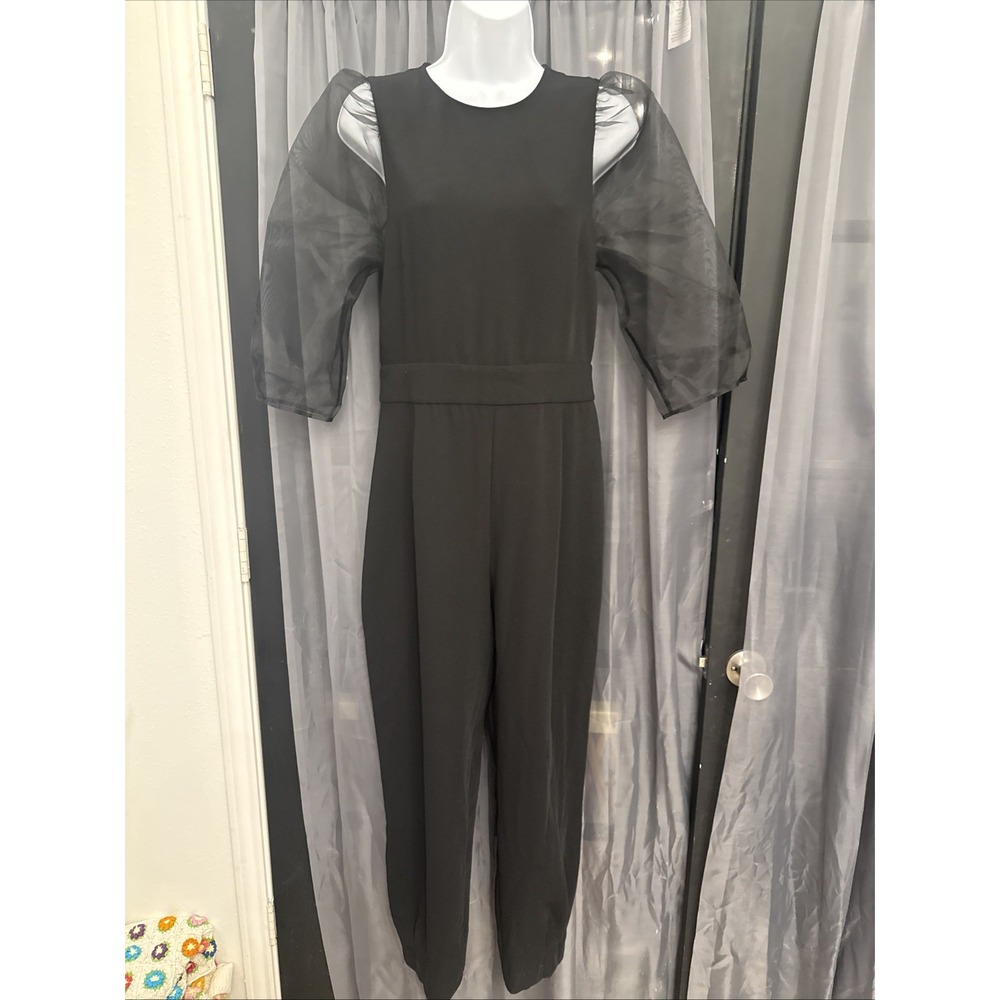 NWT Zara Black Jumpsuit with Semi-Sheer Organza Puff Sleeves - Size M